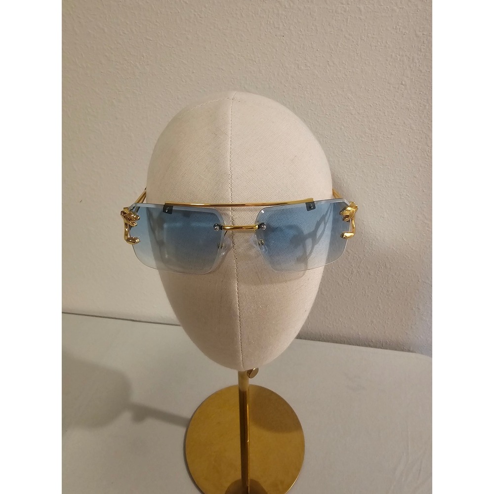 Rimless Rectangle Sunglasses Gold Teal Blue Panther Detail Tinted Lenses